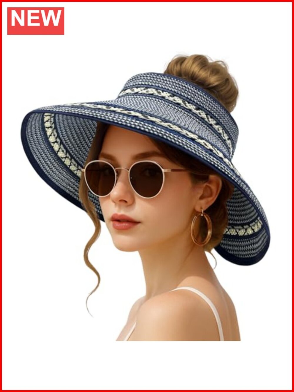 Wide Brim Straw Sun Visor Ponytail Hat Upf 50+ Foldable
